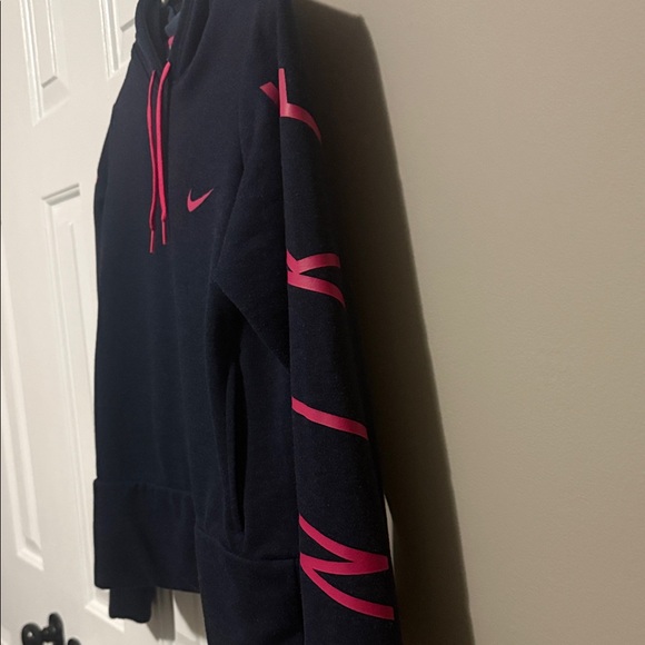 Nike Women's Pro Dri-FIT Cropped Graphic Hoodie in navy with pink accents. {XS} - Picture 5 of 14